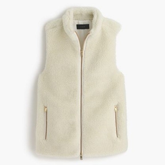 J Crew Sherpa Fleece Vest Cream Gold Zip Pockets Stand Collar Women's L - Picture 2 of 6